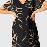 Elegante Vestido Caftán Jillian Negro con Estampado Abstracto en Oro y Diseño en Escote en V