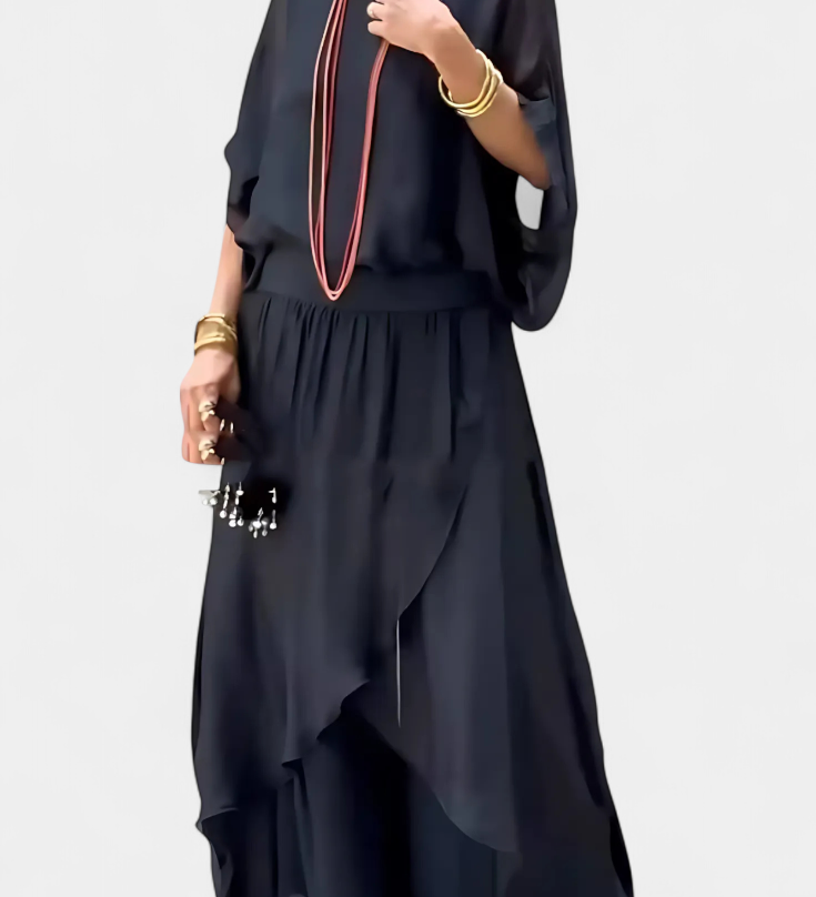 Elegante Conjunto de Dos Piezas con Top Holgado y Falda Asimétrica - La Perfecta Combinación de Estilo y Comodidad