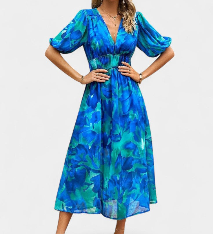 Elegante Vestido Midi Floral Georgina con Escote en V para Estilo y Comodidad