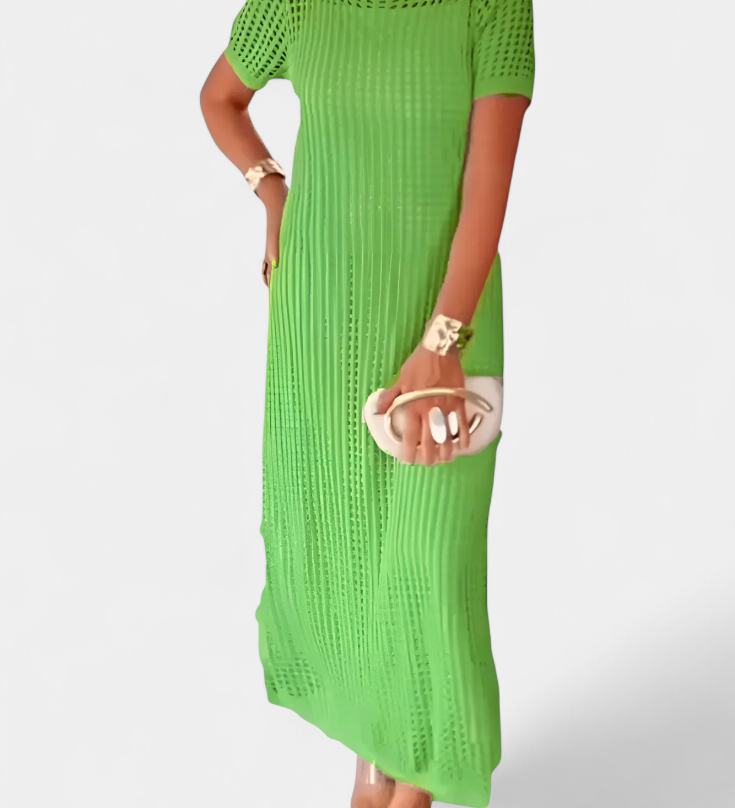 Elegante vestido de dos piezas Balbina con cuello barco y detalles huecos para un estilo sofisticado