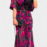 Vestido Cruzado con Estampado y Escote en V Elegante y Conjugado con Mangas Acampanadas