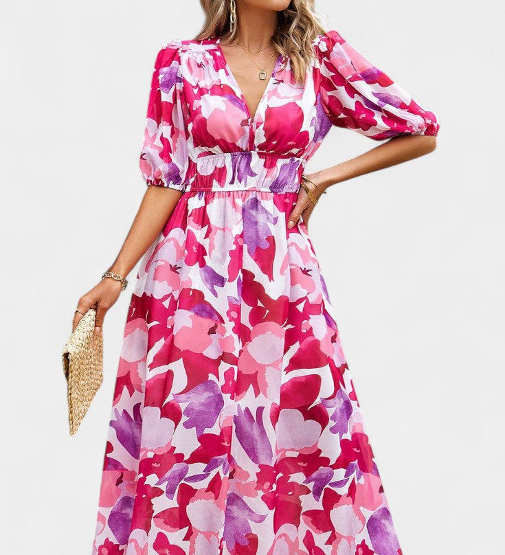 Elegante Vestido Midi Floral Georgina con Escote en V para Estilo y Comodidad