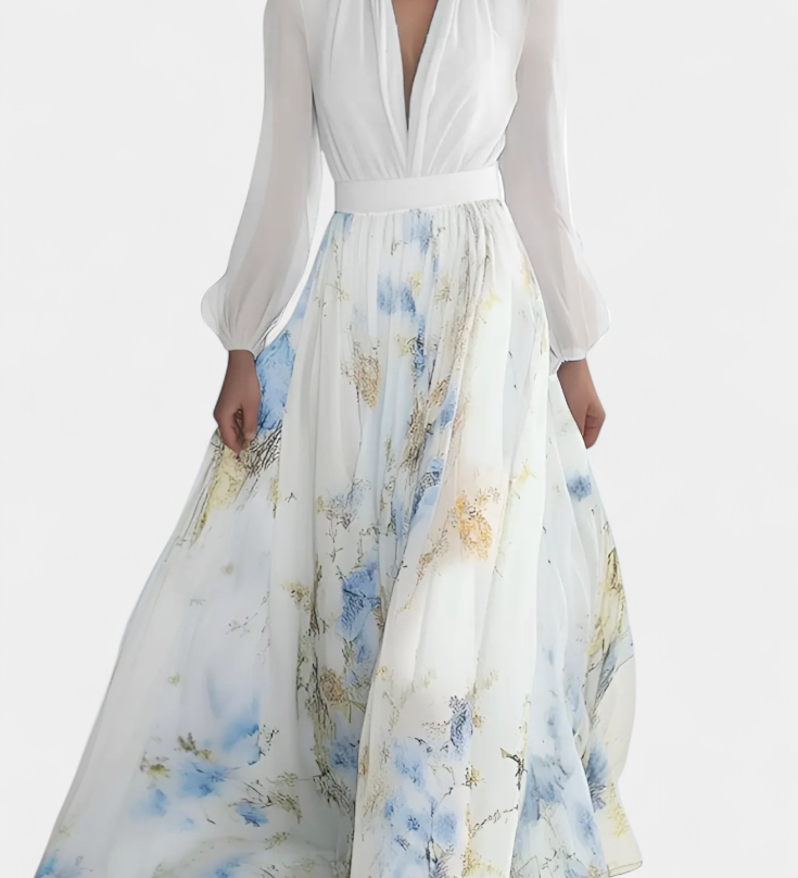 Eliane Vestido Largo con Encantador Estampado Floral y Elegante Escote Profundo