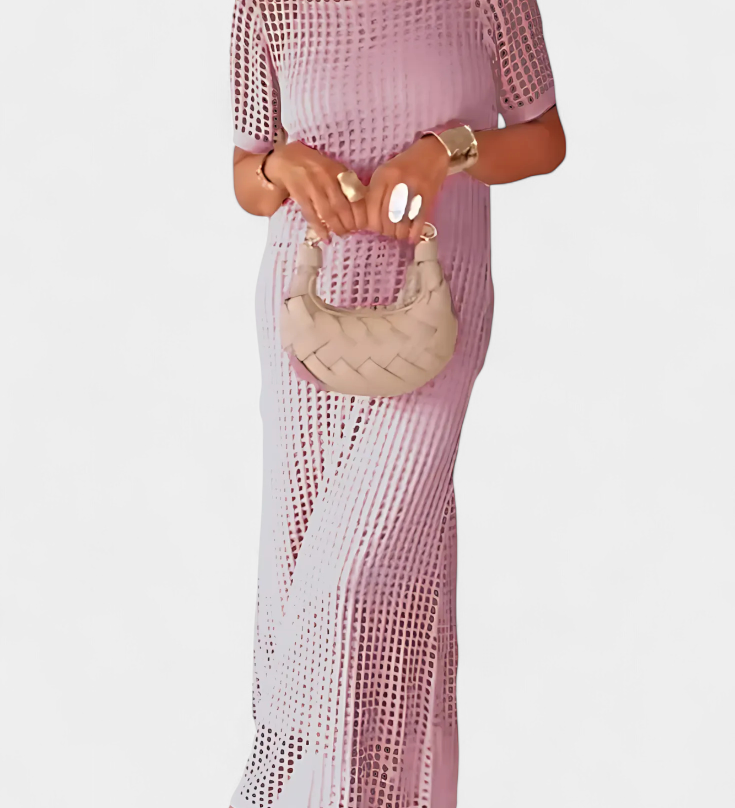Elegante vestido de dos piezas Balbina con cuello barco y detalles huecos para un estilo sofisticado