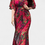 Vestido Cruzado con Estampado y Escote en V Elegante y Conjugado con Mangas Acampanadas