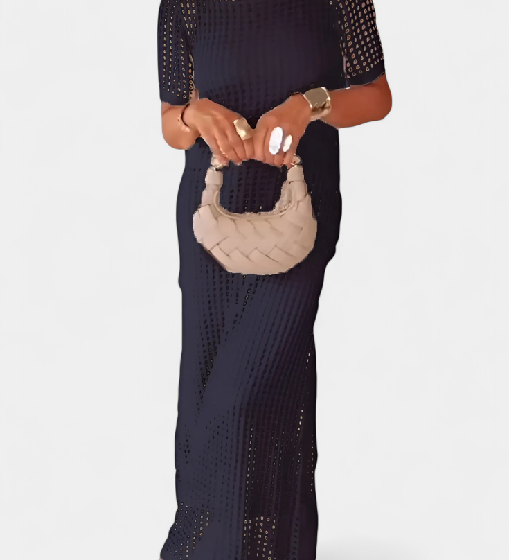 Elegante vestido de dos piezas Balbina con cuello barco y detalles huecos para un estilo sofisticado