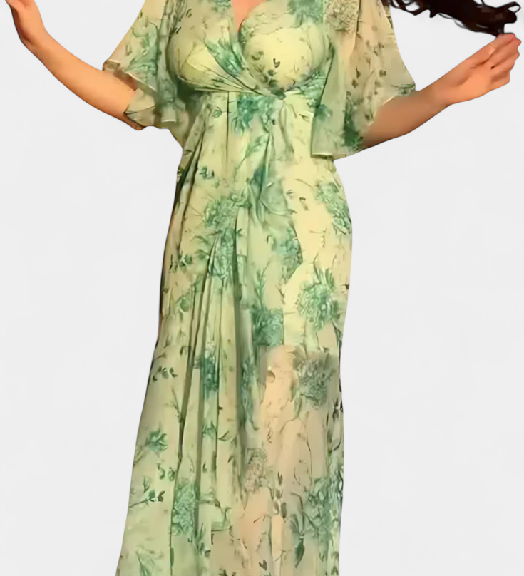 Vestido Cruzado con Estampado y Escote en V Elegante y Conjugado con Mangas Acampanadas