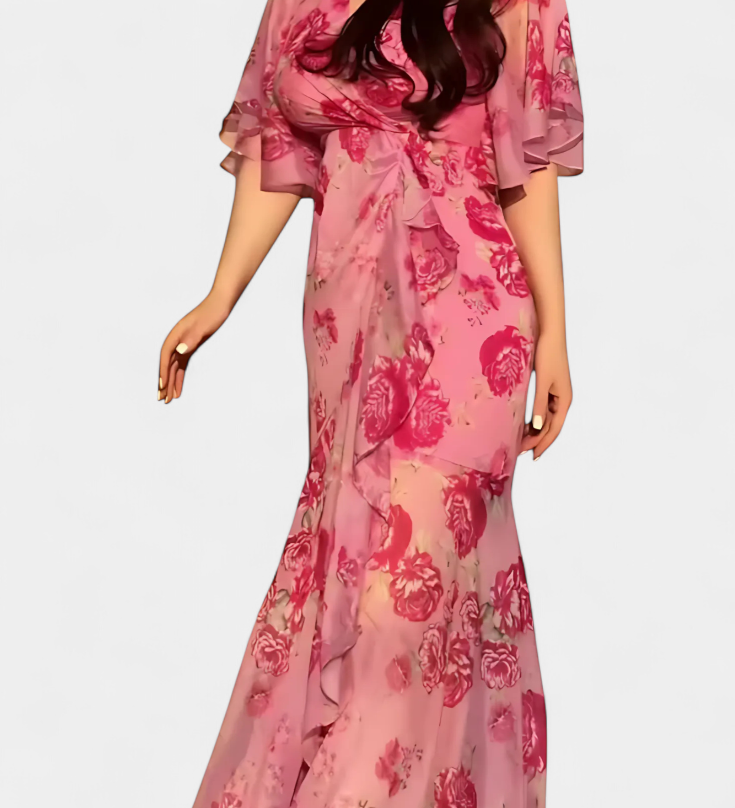 Vestido Cruzado con Estampado y Escote en V Elegante y Conjugado con Mangas Acampanadas