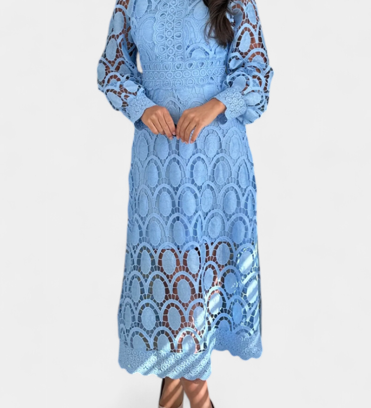 Jovie Vestido Midi de Encaje Bordado con Elegante Cuello Alto