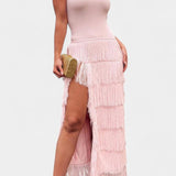 Elegante Vestido Maxi Kalani con Flecos en Capas y Detalle de Abertura Lateral