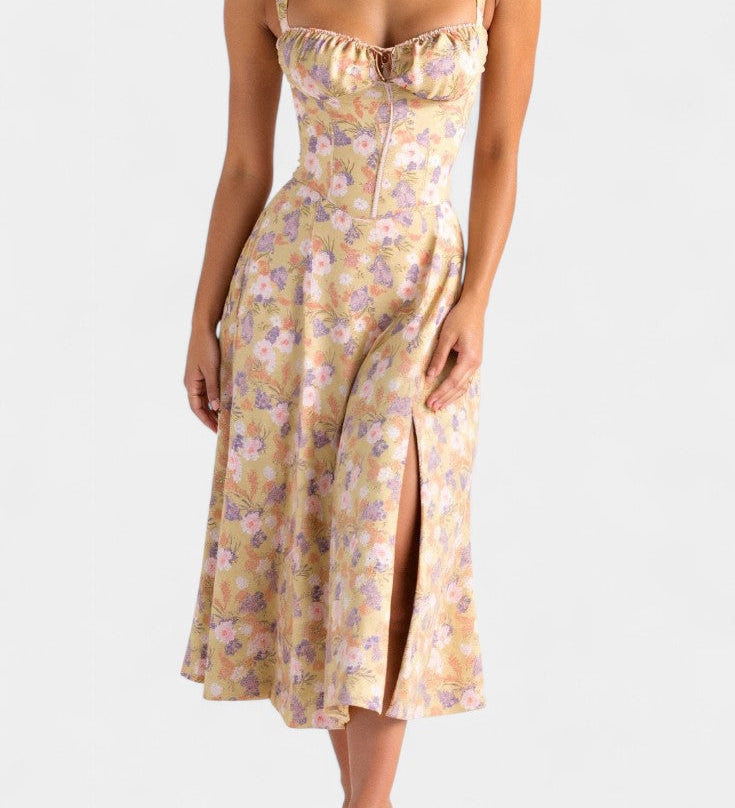 Elegante vestido midi en línea A con corsé para un estilo sofisticado