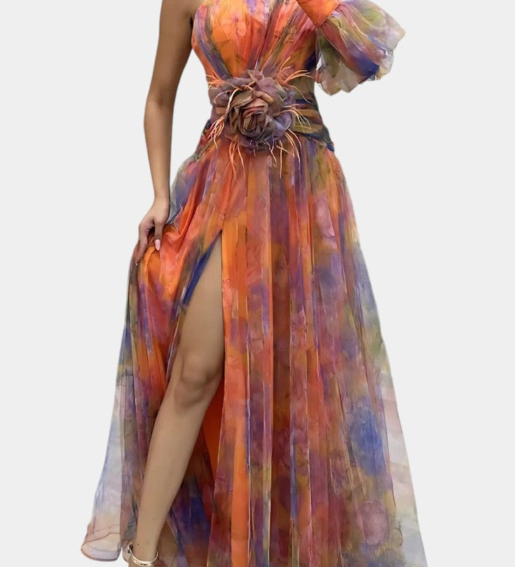 Amelie Vestido Maxi Asimétrico de Un Hombro con Diseño Artístico para un Estilo Elegante