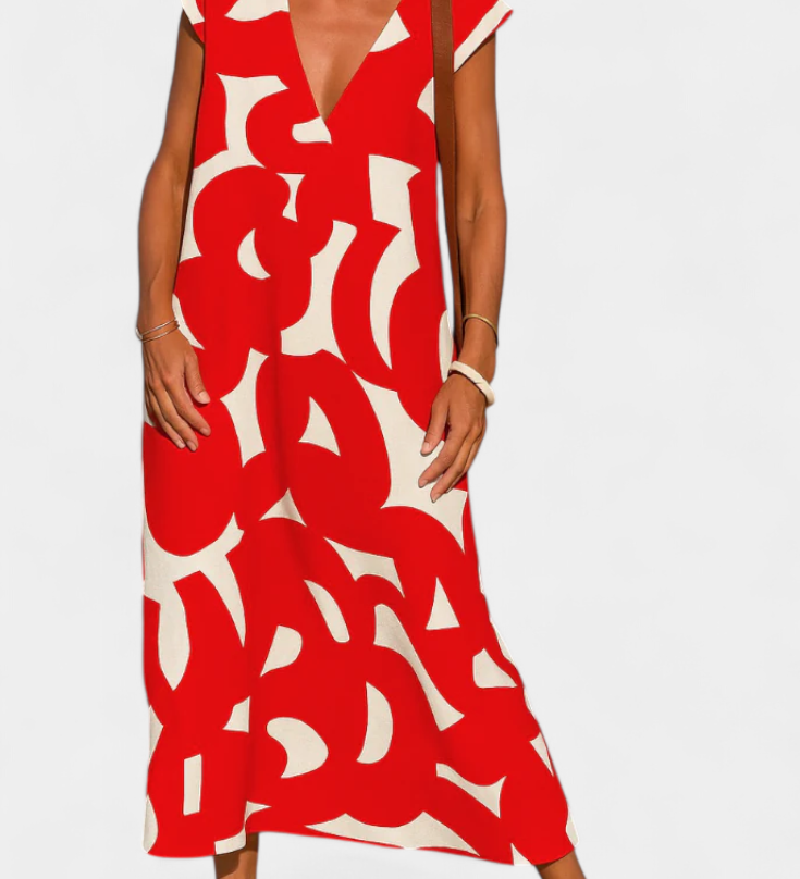 Vestido Casual Asela con Estilo en Escote en V y Estampado Mixi para un Look Moderno