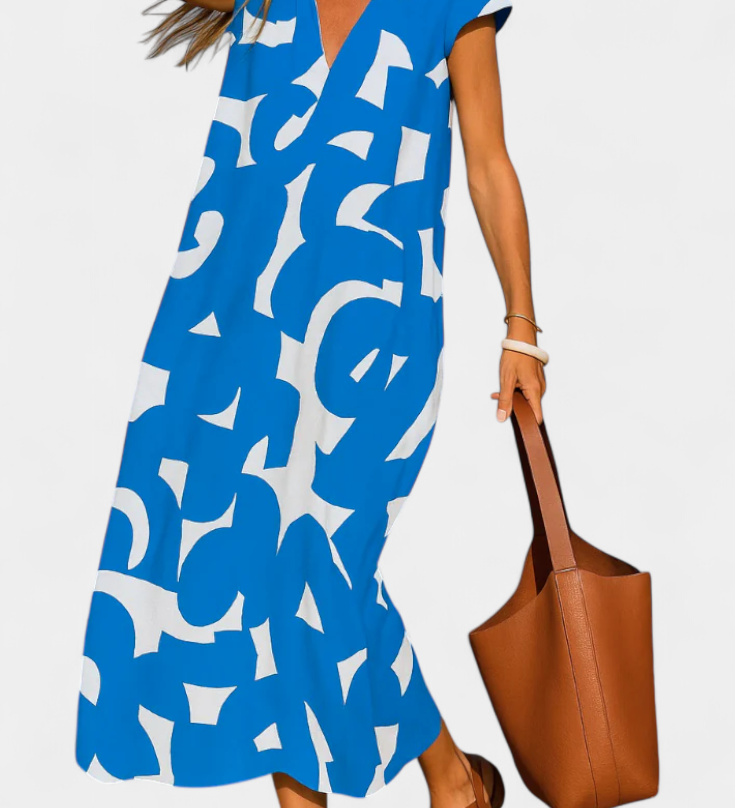 Vestido Casual Asela con Estilo en Escote en V y Estampado Mixi para un Look Moderno