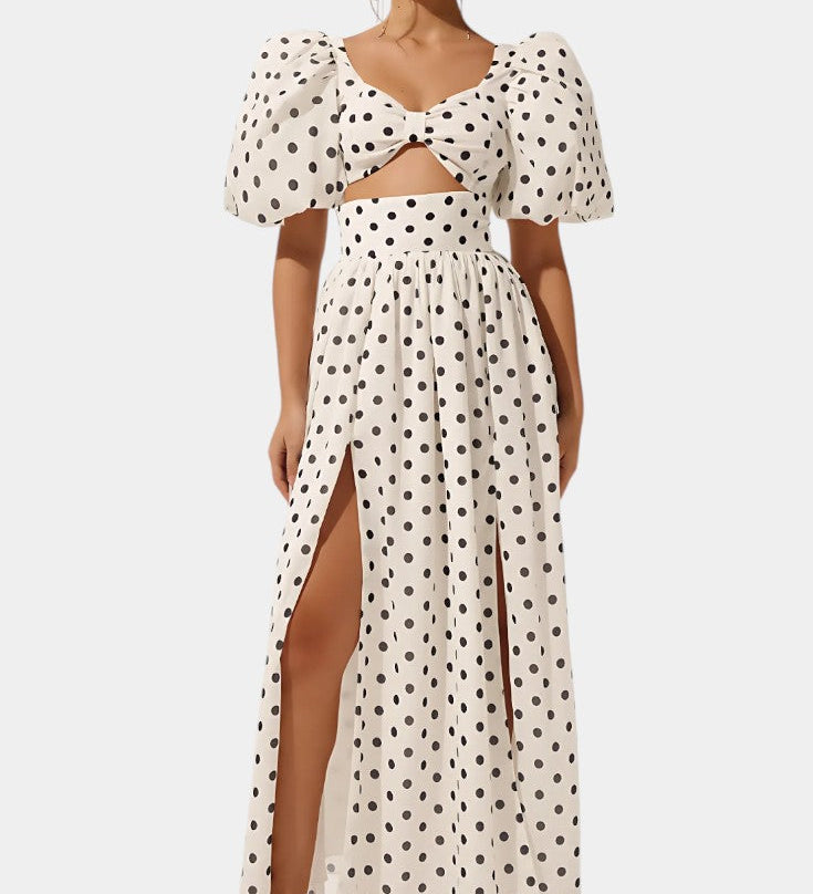 Sherine Conjunto Casual de Falda y Top de Lunares con Elegantes Mangas Abullonadas