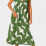 Vestido Casual Asela con Estilo en Escote en V y Estampado Mixi para un Look Moderno