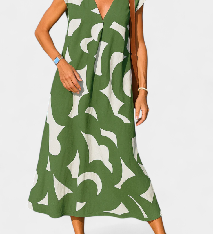Vestido Casual Asela con Estilo en Escote en V y Estampado Mixi para un Look Moderno