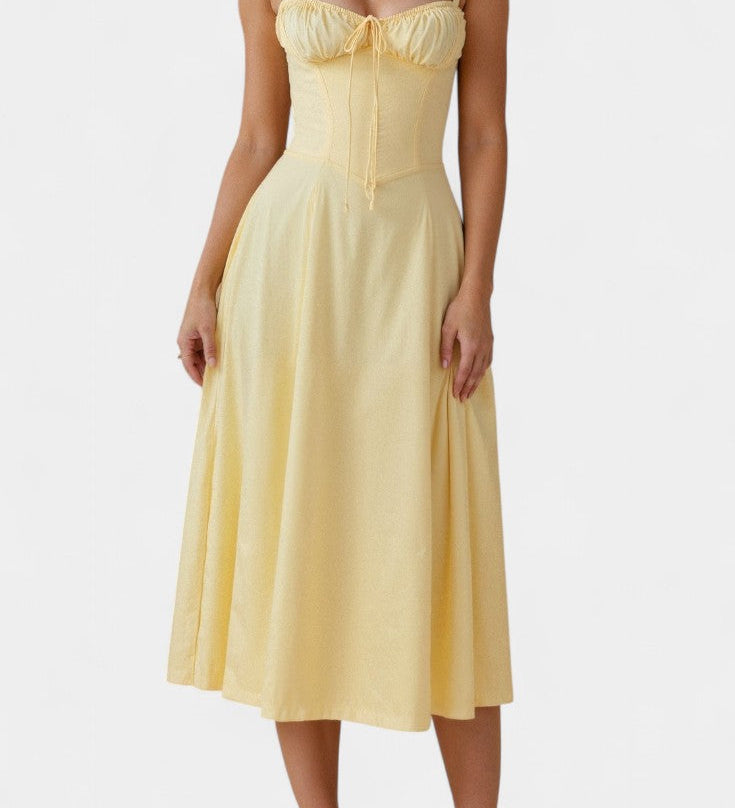 Elegante vestido midi en línea A con corsé para un estilo sofisticado