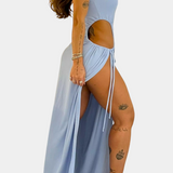 Vestido sin Tirantes Teuta con Lazo Lateral y Elegante Abertura Alta