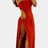 Vestido sin Tirantes Teuta con Lazo Lateral y Elegante Abertura Alta