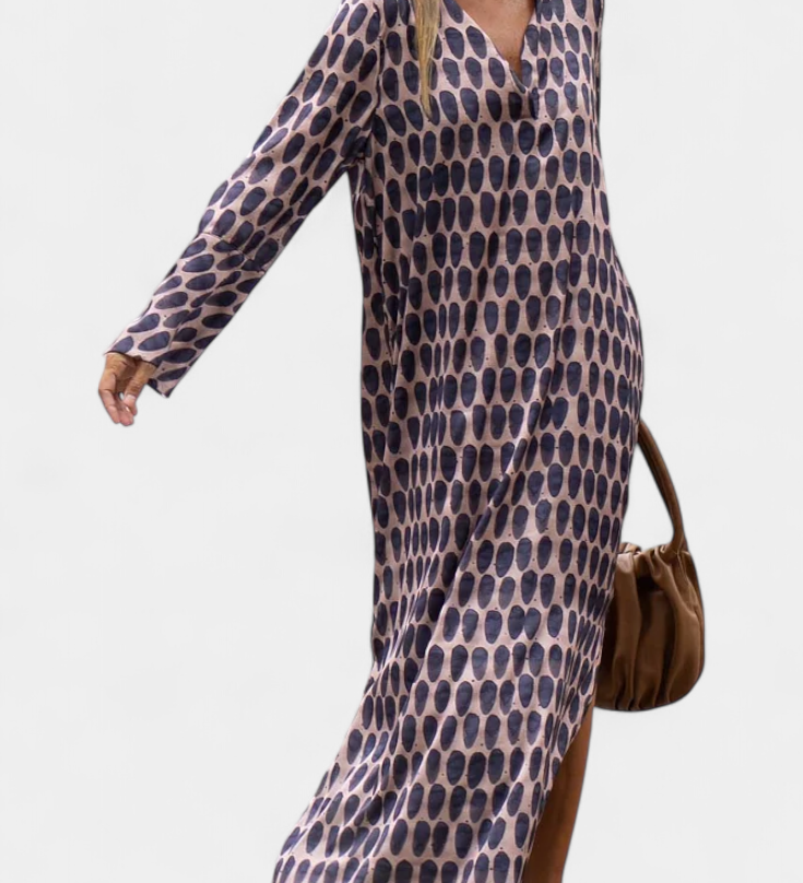 Vestido Largo Geométrico Brisa con Abertura y Escote en V - Elegancia y Estilo Sin Esfuerzo