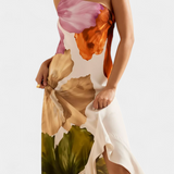 Almudena Vestido Elegante de Patchwork y Cuello Asimétrico para un Estilo Sofisticado