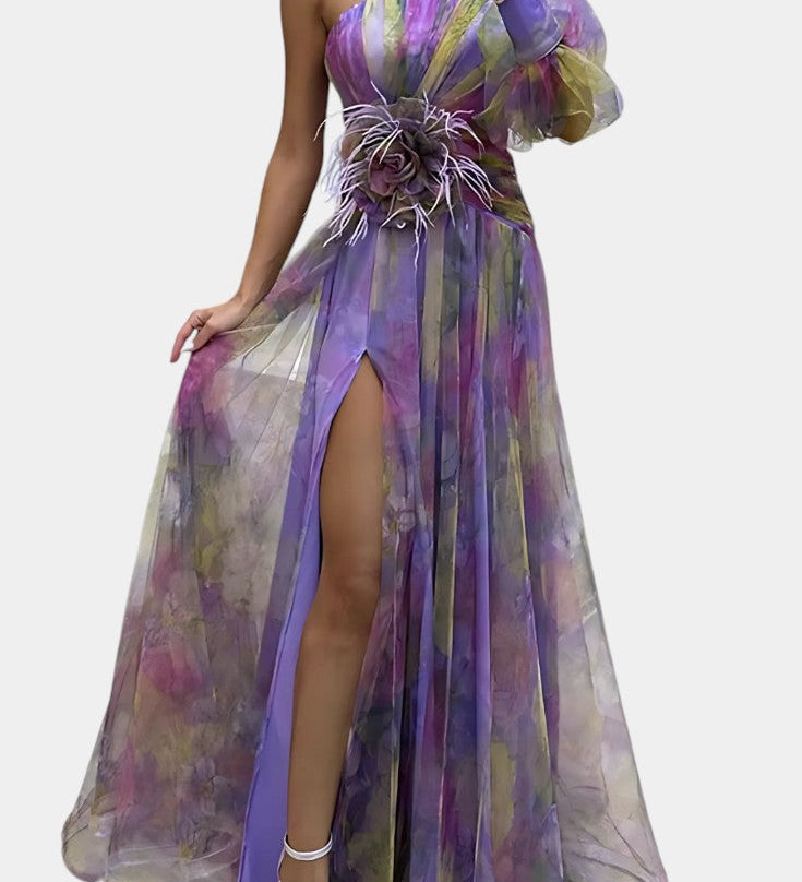 Amelie Vestido Maxi Asimétrico de Un Hombro con Diseño Artístico para un Estilo Elegante