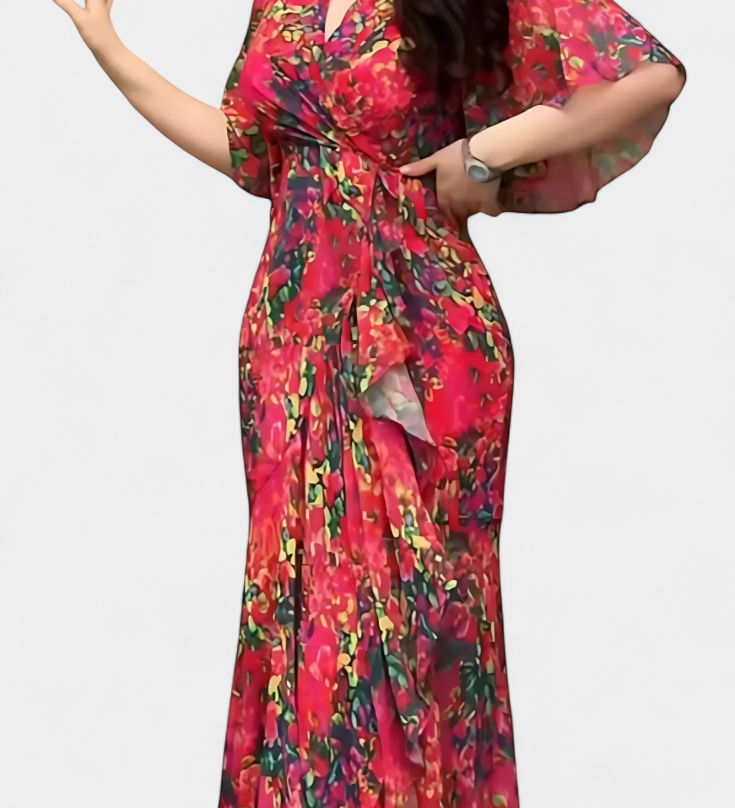 Vestido Cruzado con Estampado y Escote en V Elegante y Conjugado con Mangas Acampanadas