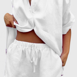 Conjunto Estilo Chic de Dos Piezas: Camisa de Botones y Pantalones Cortos con Cuerda para un Look Único