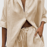 Conjunto Estilo Chic de Dos Piezas: Camisa de Botones y Pantalones Cortos con Cuerda para un Look Único