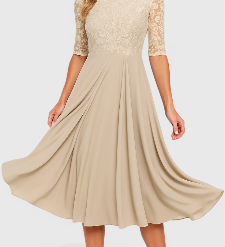 Vestido Midi Abby con Escote Ilusorio y Bordado Elegante