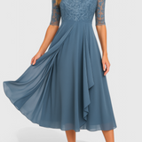 Vestido Midi Abby con Escote Ilusorio y Bordado Elegante