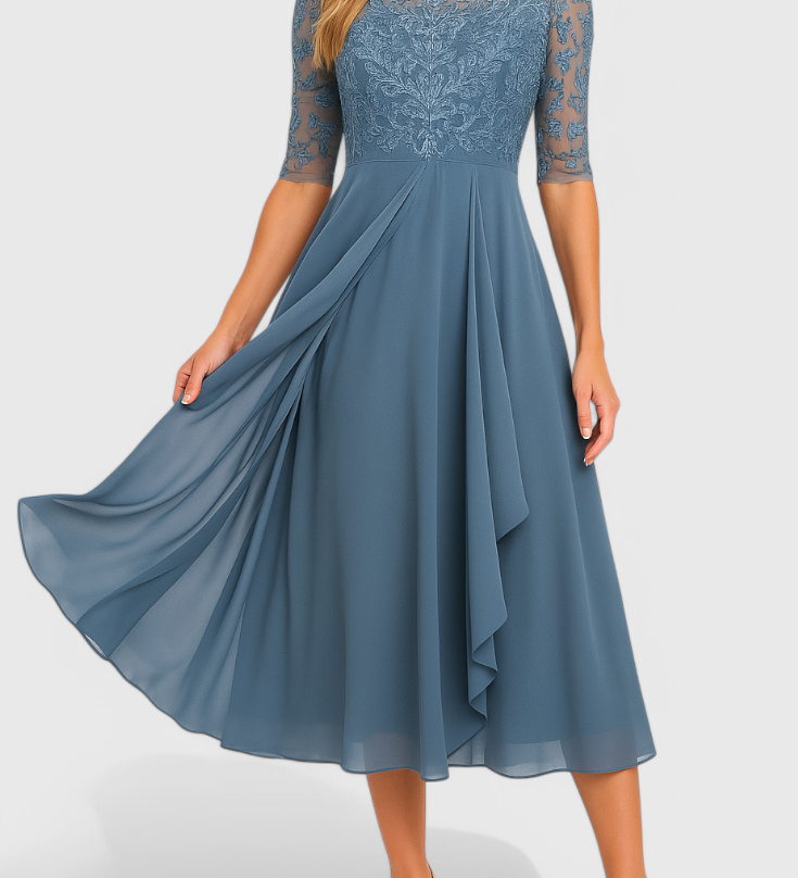 Vestido Midi Abby con Escote Ilusorio y Bordado Elegante