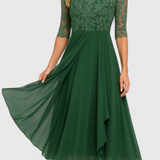 Vestido Midi Abby con Escote Ilusorio y Bordado Elegante