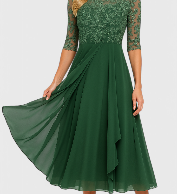 Vestido Midi Abby con Escote Ilusorio y Bordado Elegante