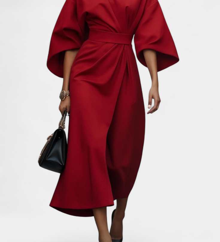 Vestido Midi Micaela con Mangas Lantern y Cintura Ceñida para un Estilo Elegante y Sofisticado