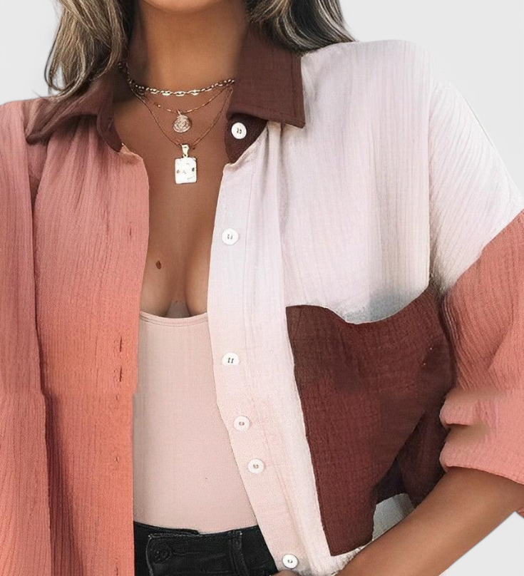 Juniper Elegante Blusa con Botones en Bloques de Color