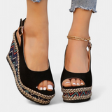 Dionisia Sandalias de Cuña con Estampado Étnico y Elegantes Correas de Ante