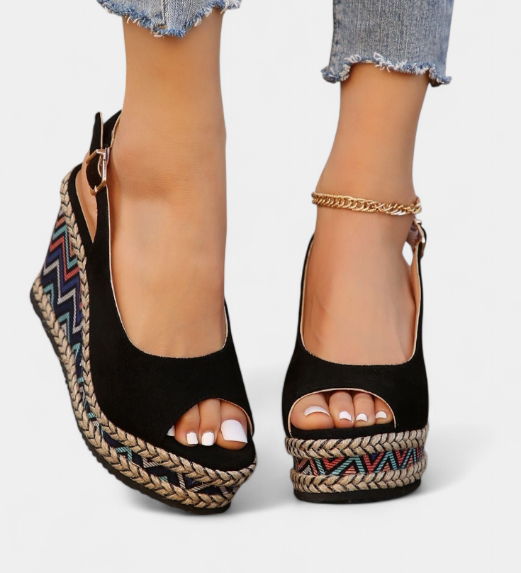 Dionisia Sandalias de Cuña con Estampado Étnico y Elegantes Correas de Ante