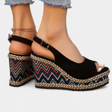 Dionisia Sandalias de Cuña con Estampado Étnico y Elegantes Correas de Ante