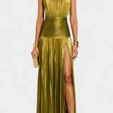 Emma Vestido Halter Metálico con Espalda Abierta y Abertura Alta - Elegancia Brillante para una Noche Deslumbrante