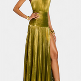 Emma Vestido Halter Metálico con Espalda Abierta y Abertura Alta - Elegancia Brillante para una Noche Deslumbrante