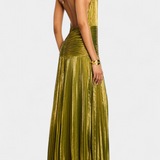 Emma Vestido Halter Metálico con Espalda Abierta y Abertura Alta - Elegancia Brillante para una Noche Deslumbrante
