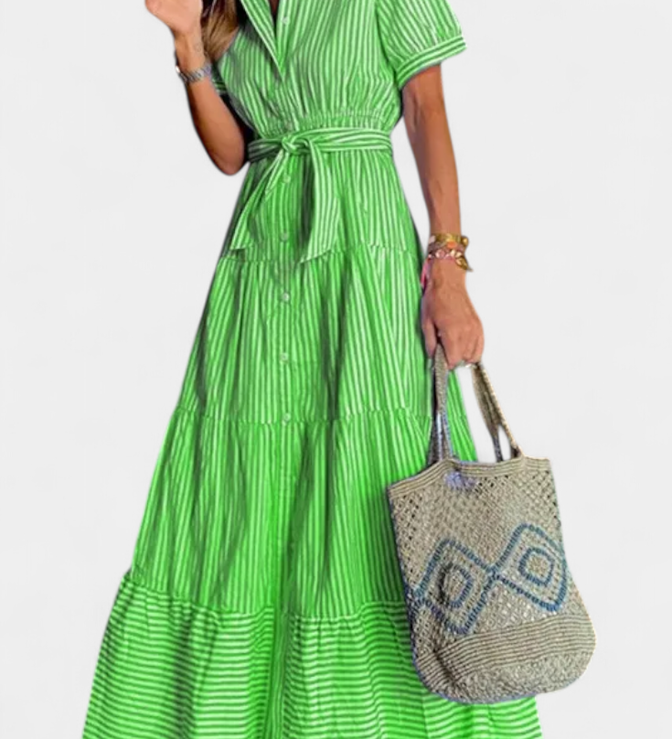 Elegante vestido camisero largo de rayas con cinturón para un look sofisticado