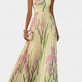 Vestido Largo Plisado Calanthe con Estampado Floral y Elegante Escote Cuadrado