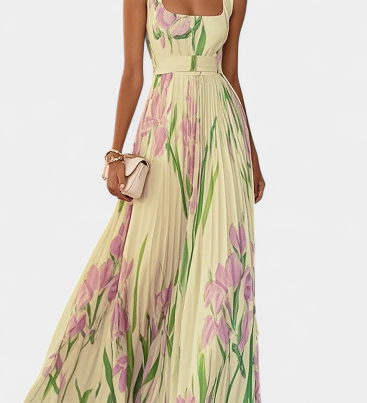Vestido Largo Plisado Calanthe con Estampado Floral y Elegante Escote Cuadrado