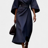 Vestido Midi Micaela con Mangas Lantern y Cintura Ceñida para un Estilo Elegante y Sofisticado