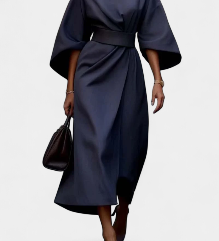 Vestido Midi Micaela con Mangas Lantern y Cintura Ceñida para un Estilo Elegante y Sofisticado