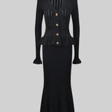 Elegante Conjunto de Vestido Midi de Punto Refinado con Top de Botones