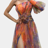 Amelie Vestido Maxi Asimétrico de Un Hombro con Diseño Artístico para un Estilo Elegante